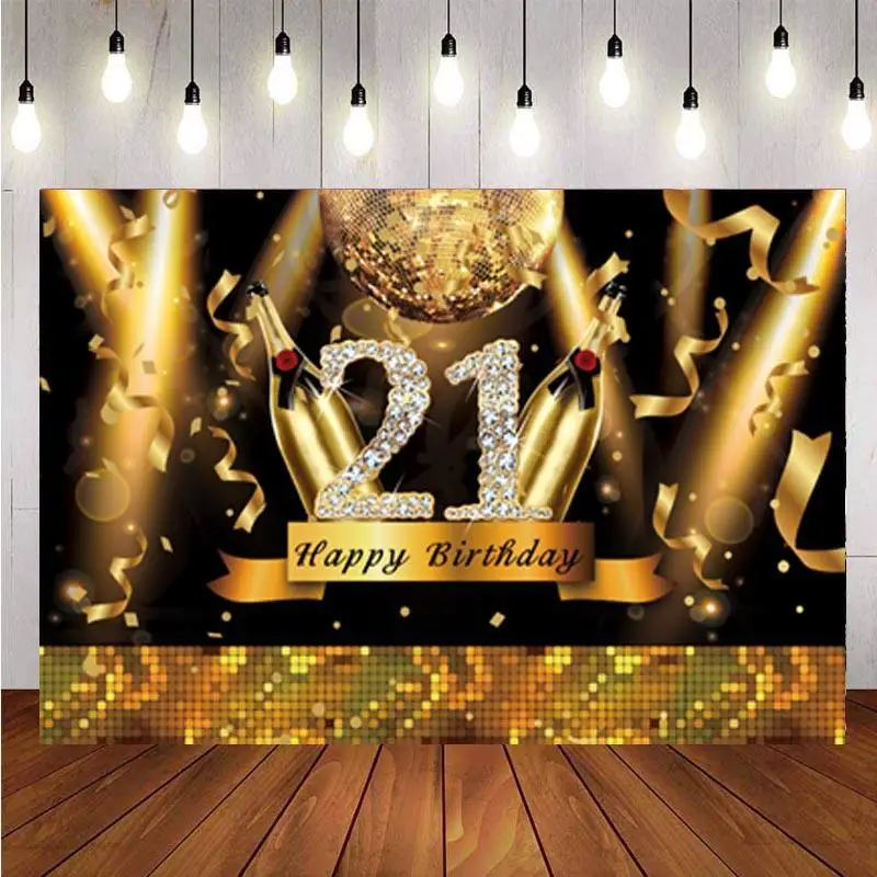 

21th Birthday Party Backdrop Disco Gold Light Champagner Diamonds Shiny Background Decor Banner Photo Studio Prop