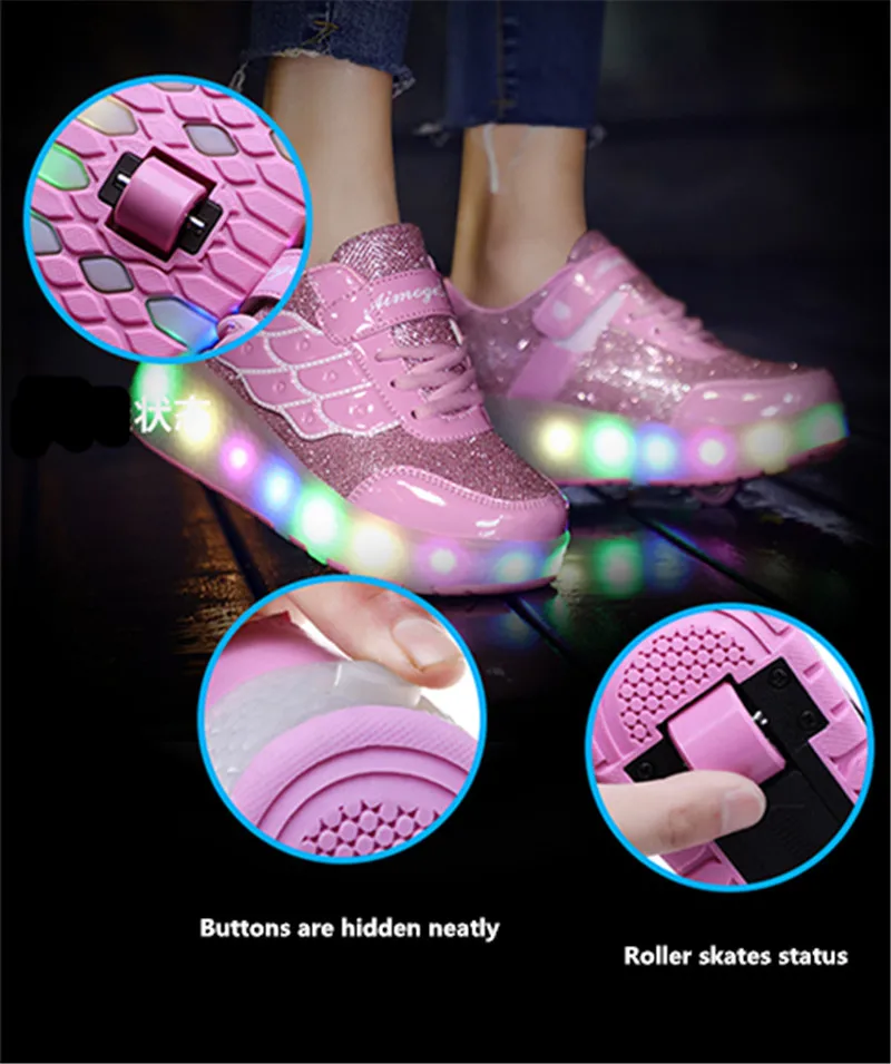 Детские кроссовки с двумя или колесами 3 цвета светящиеся USB зарядкой обувь