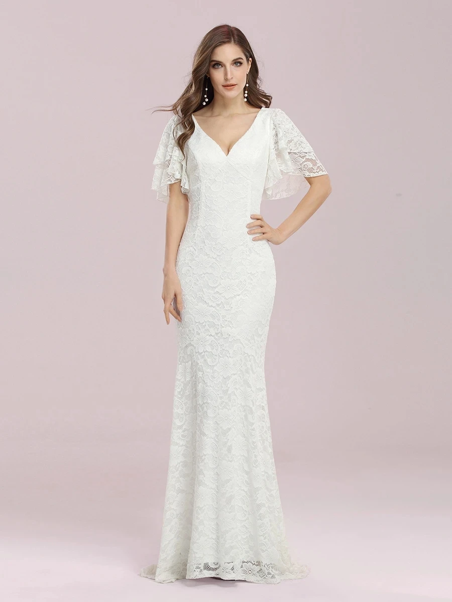 

Romantic V Neck Wholesale Mermaid Wedding Dress with Flutter Sleeves