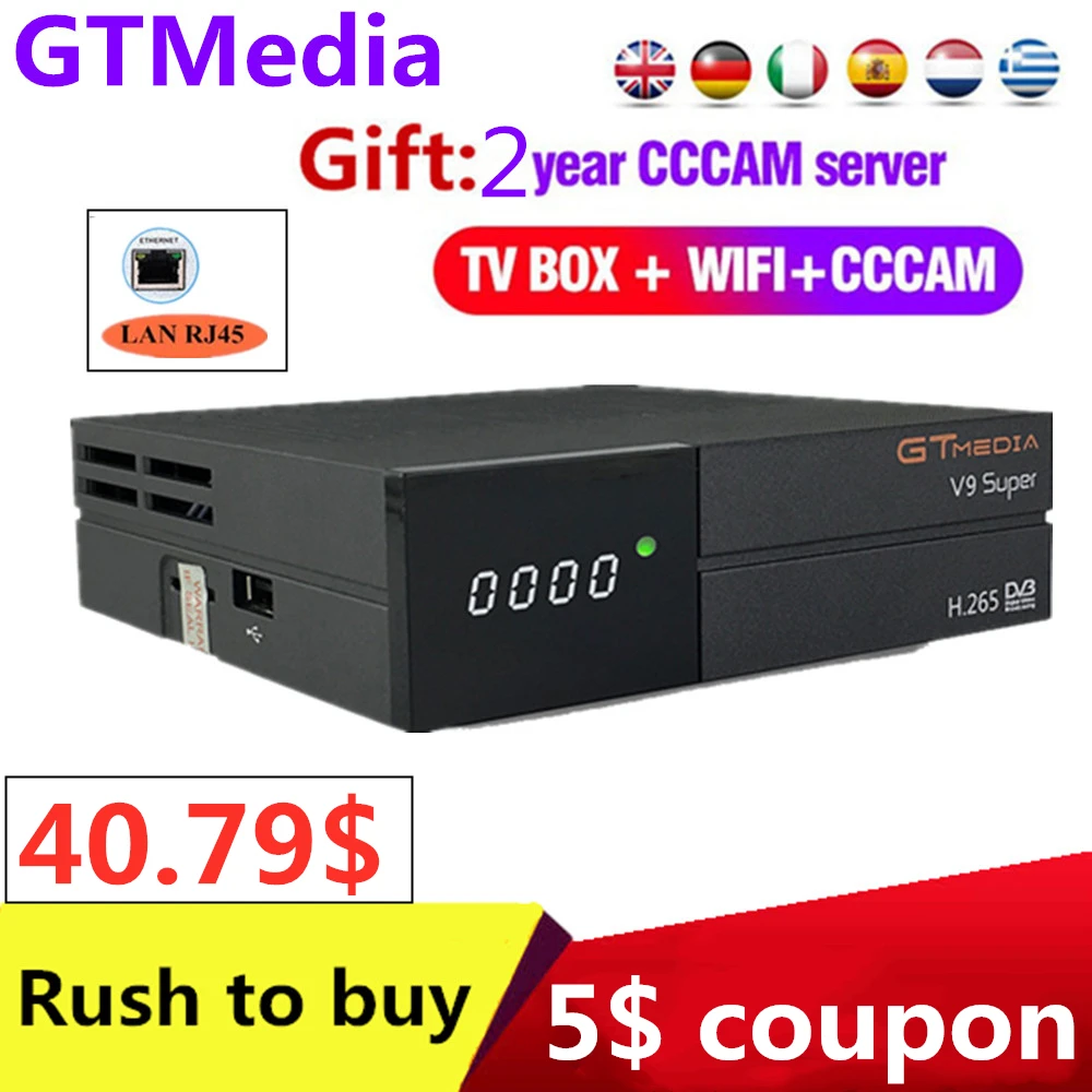 Европа 2 года 7 линий Ccccam спутниковый ресивер HD H.265 встроенный wifi tv BOX GTMEDIA DVB-S2 V9 супер Поддержка Dolby, Youtube, IP tv