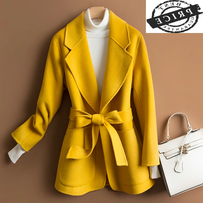 

Women Clothes 2021 Sided 100% Natural Wool Jackets Winter Yellow Woolen Coat Female Korean Autumn Spring Overcoat LWL132a