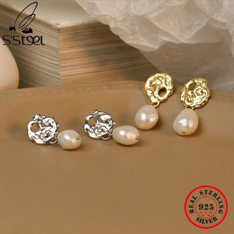 

S'STEEL Irregularity 925 Sterling Silver Drop Earrings For Women Baroque Pearl Bohemian Summer Pendientes Mujer Moda Jewelry