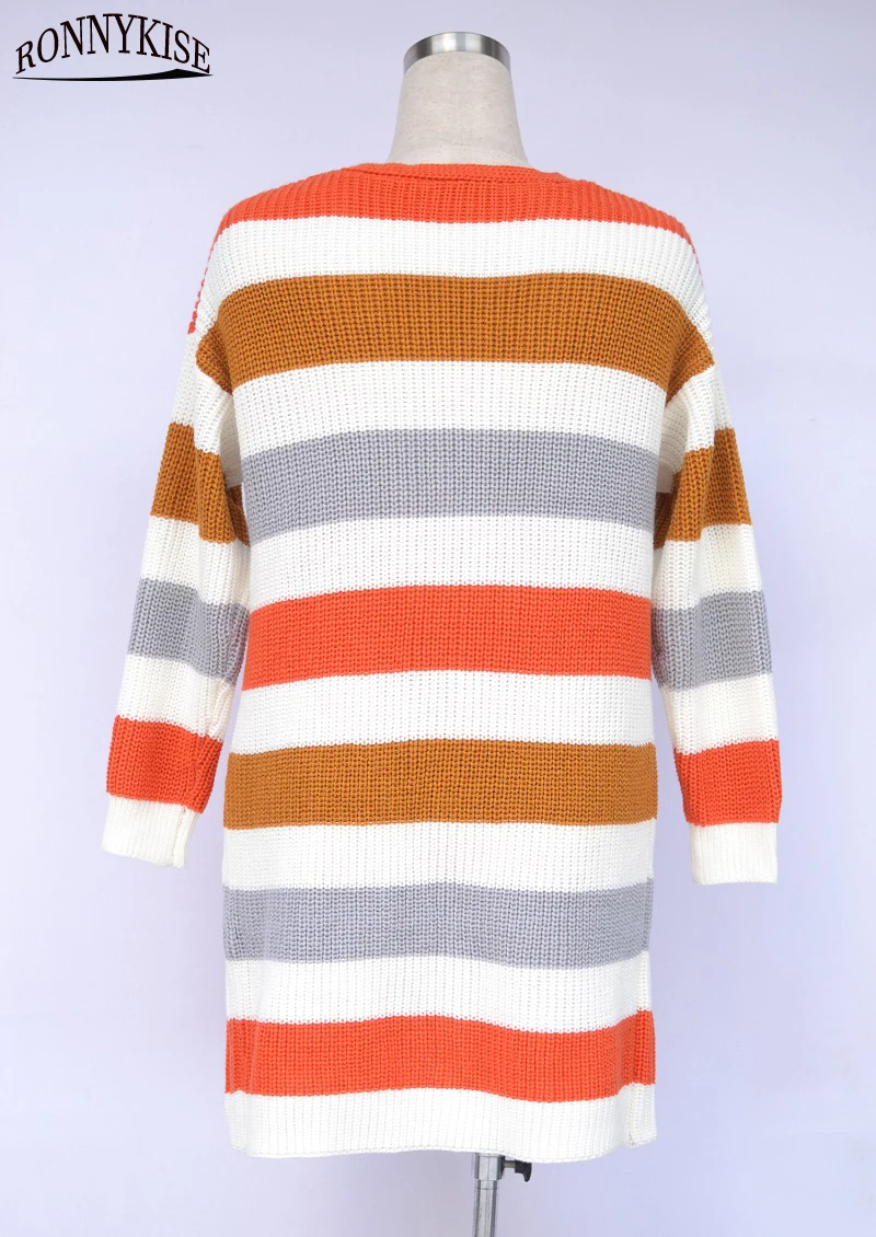 RONNYKUSE Knitwear Striped Patchwok Increase Size Cardigan Women's Fashion Long Sleeve Autumn Winter Warm Loose Sweaters |