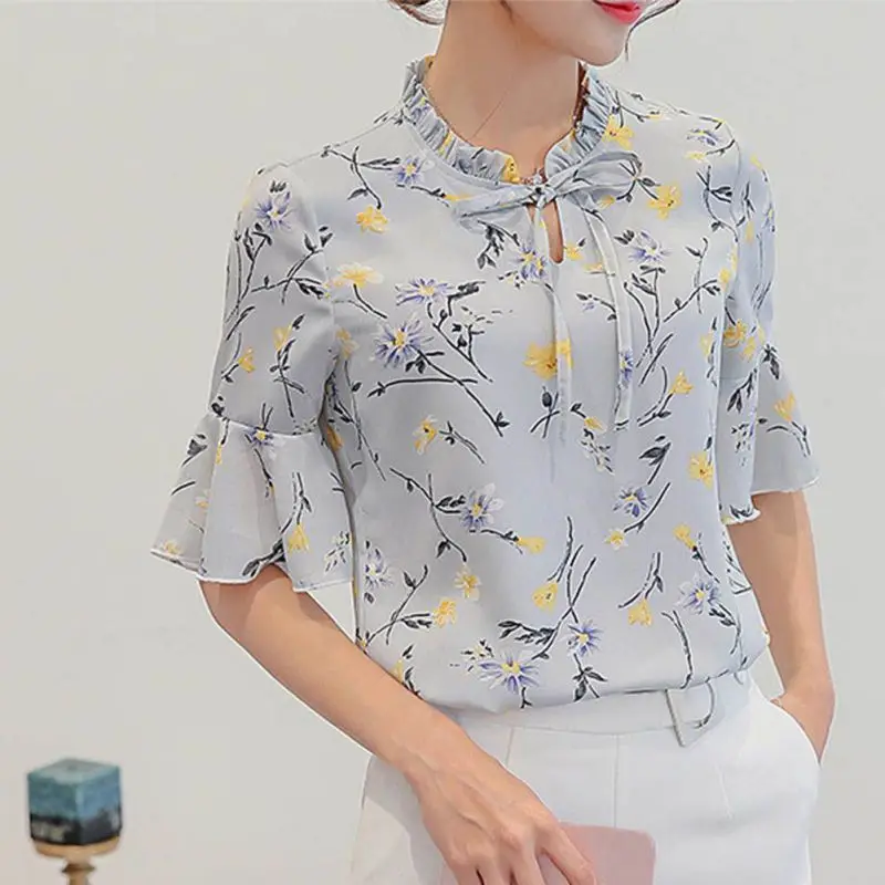 

Summer blouse Women Flare Sleeve Chiffon Shirts Floral Print Tops Female Half Ladies Girls Blusas