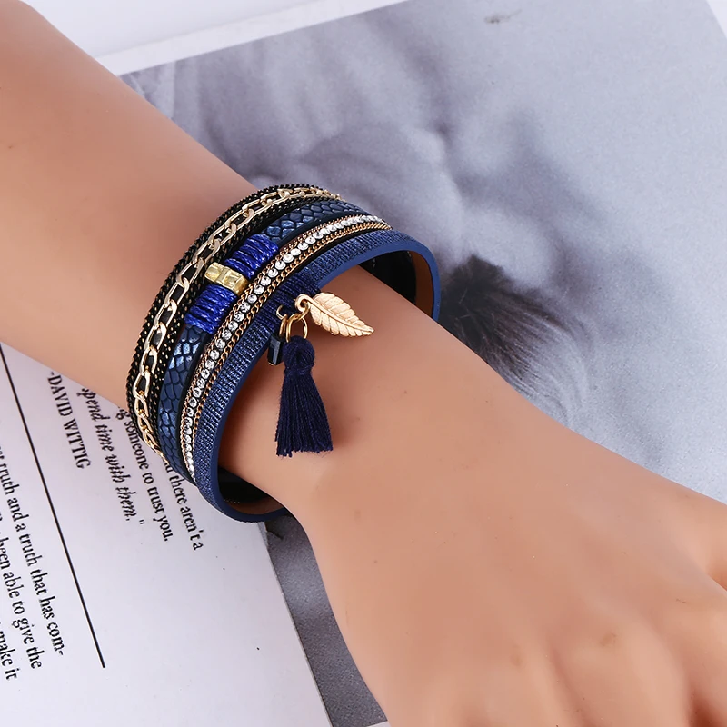 Новые модные Многослойные Кожаные бриллианты и браслеты в стиле бохо магнитные