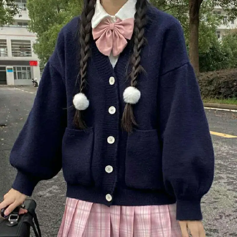 

Japanese Style Knit Sweater Korean Fashion Knitted Cardigan Preppy Style Oversized Long Sleeve Tops Women Winter Clothing 2021