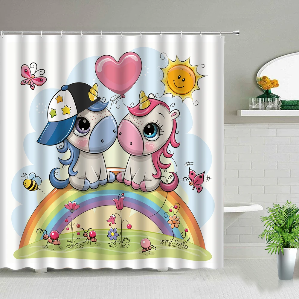 

Lovely Unicorn Shower Curtains Bathroom Decor Cartoon Rainbow Butterfly Kids Baby Bath Curtain Waterproof Polyester Fabric