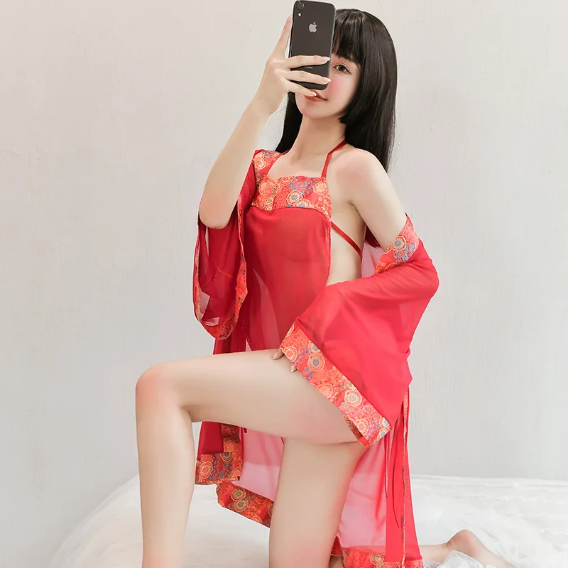 

Red Wedding Uniform Clothing Pajama Set Japanese Printed Kimono Badjas Sexy Mesh Short Homewear Nightwear Wedding Underwear