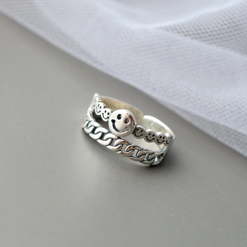 

Authentic 925 Sterling Silver Tail Ring Handmade Creative Minimalist Design Fashion Smiling Face Open Adjustable Rings