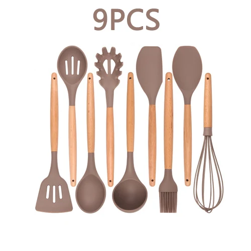 Gray-9pcs Силиконовые кухонные инструменты Наборы для приготовления пищи суповая ложка лопатка антипригарная лопата с деревянной ручкой специальная термостойкая конструкция - Цвет: Gray-9pcs