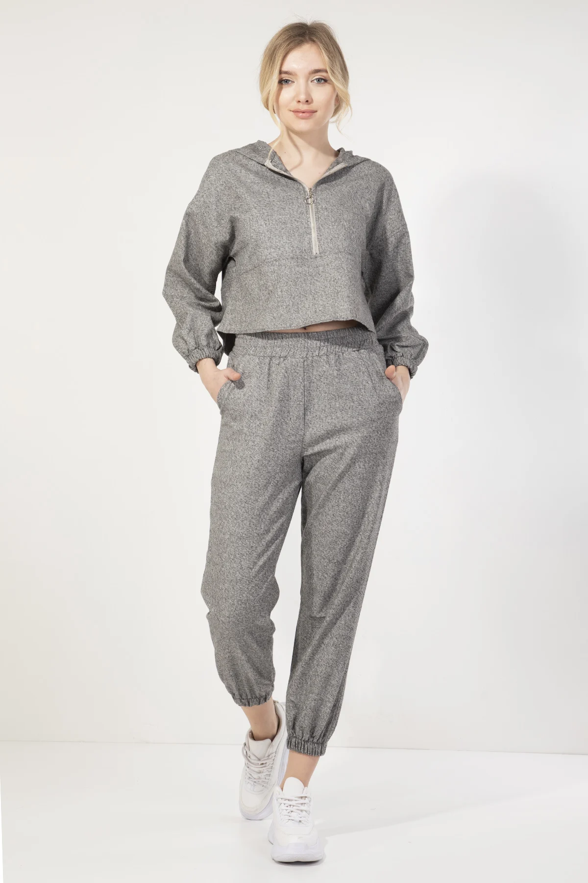 

Womens Gray Hooded Jogger Tracksuit Set