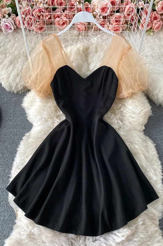 

Summer women's V-neck gauze patchwork A-line dress Korean fashion puff Sleeve High Street Black Knee Length Dress 2021
