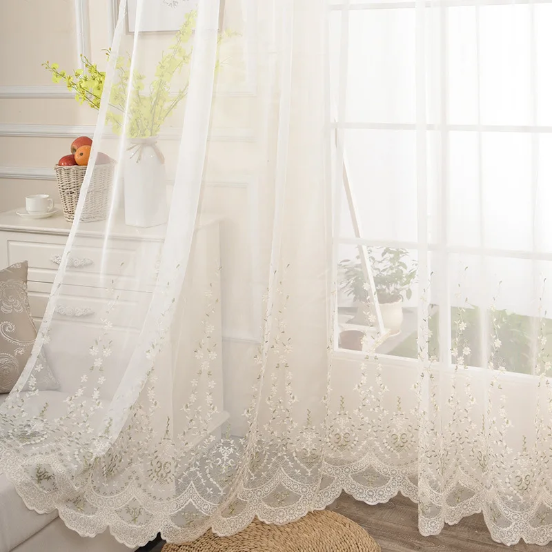 

Curtain for Living Room Embroidered Floral Sheer Lace Wave Side Romantic Pastoral Elegant French Window Drapes Tende
