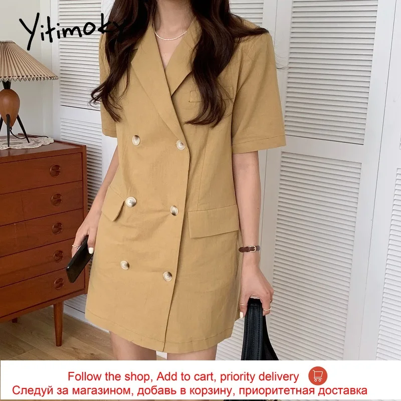 

Yitimoky Simple Woman Dress Turn-down Collar Short Sleeve 2021 Summer Fashion Double Breasted Office Loose Blaze Mini Dresses