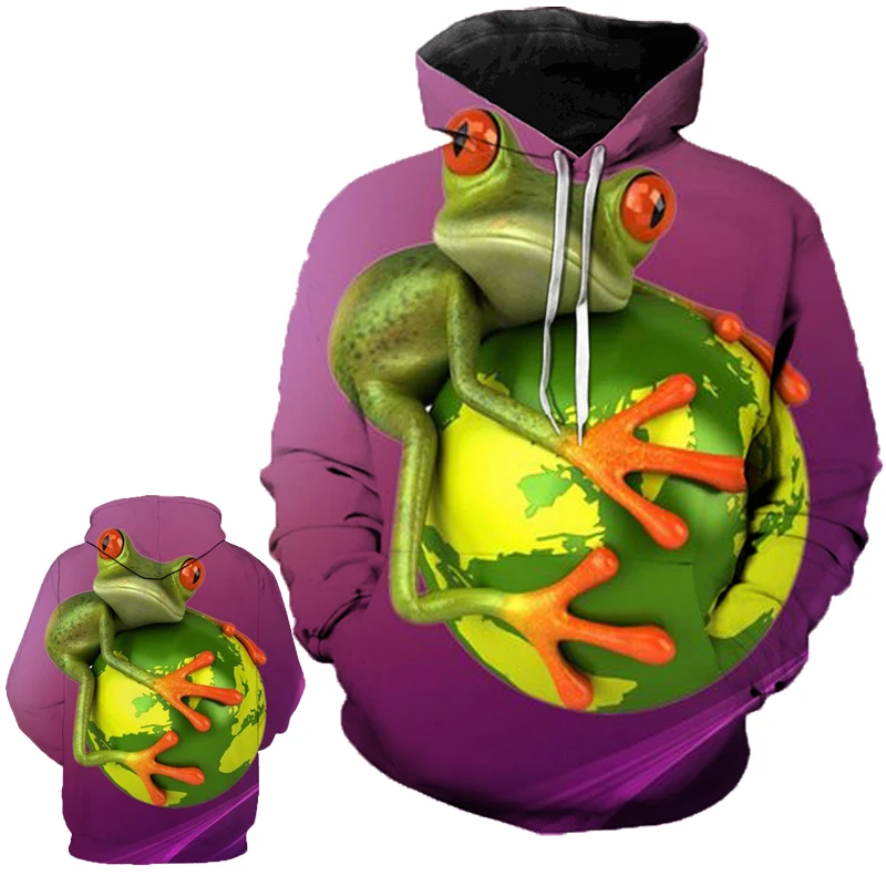 

Men and Women Autumn and Winter Couple Round Neck Slim Hooded Head Creative 3D Frog Holding Earth Funny Sports Shirt Pullover