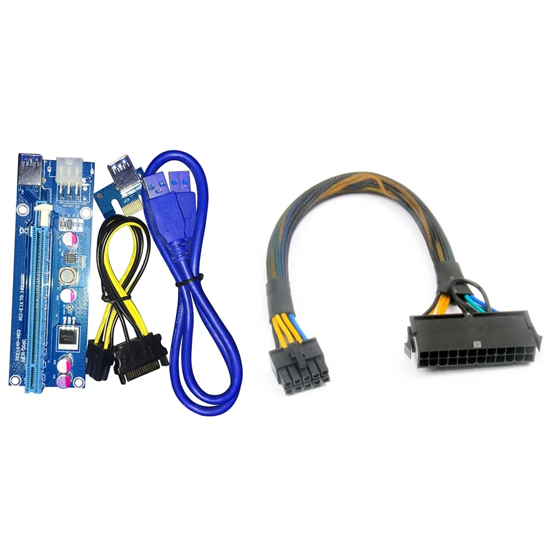 

VER006C PCIe 1X to 16X Riser Card Extender Graphic USB 3.0 Cable with 24 Pin to 10 Pin ATX PSU Main Power Adapter Cable