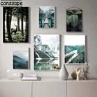 Туман лес Олень Печать картина горная лодка мост Холст Картина Скандинавия Пейзаж Природа скандинавский пейзаж настенные картины Домашний декор