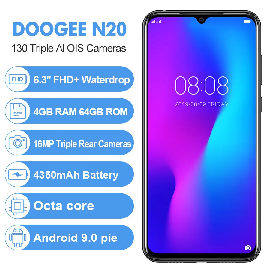 DOOGEE N20 смартфон с 5 дюймовым дисплеем восьмиядерным процессором MT6763 ОЗУ 4 Гб ПЗУ 64
