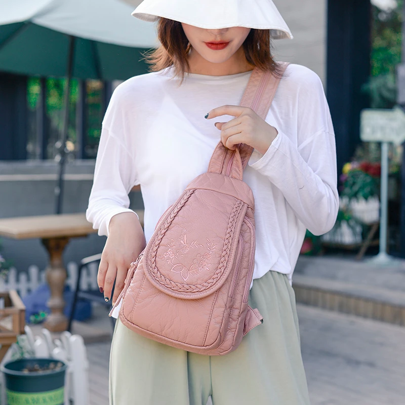 Кожаные рюкзаки с вышивкой для девочек Школьные Сумки Sac A Dos женский кожаный