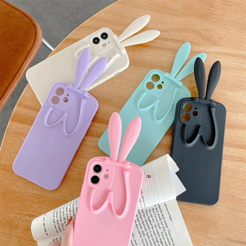 

Cute Rabbit Ears Foldable Stand Phone Case For iPhone 12 11 Pro XS Max X XR 7 8 Plus Shockproof Candy Color Jelly Soft TPU Cover