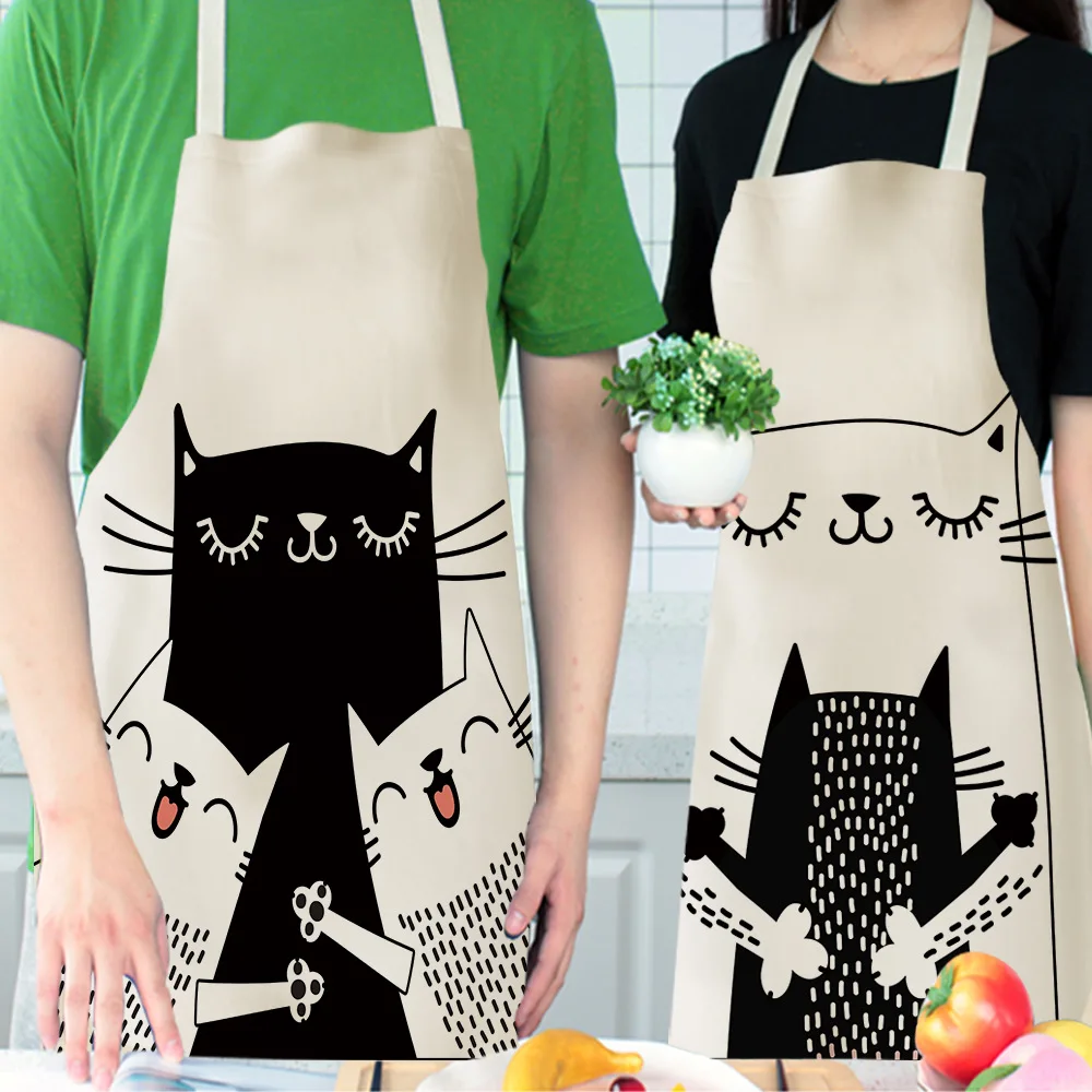 

Cartoon Black White Cat Cute Pattern Printed Kitchen Aprons for Women Linen Bibs Household Cleaning Pinafore Home Cooking Apron