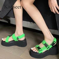 kanseet fashion buckle strap women sandals thick heels ladies real leather shoes women 2021 summer sandals green large size 40