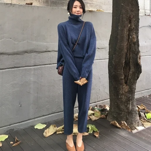 New arrival Autumn winter Knitted Tracksuit Turtleneck Sweatshirts for Women Suit Clothing 2 Pcs Set Knit top Pants suit Female