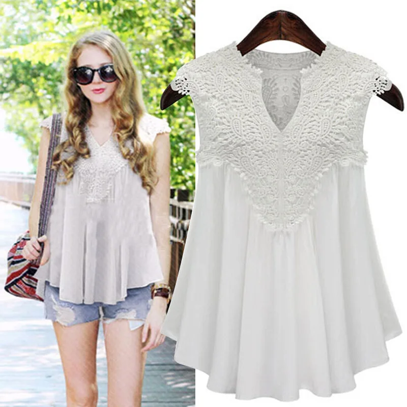 

Fashion Summer Women Solid Color Tops Sexy V Neck Sleeveless Shirt Lace Splice Lady Girl Casual Blouse Plus Size M-5XL B