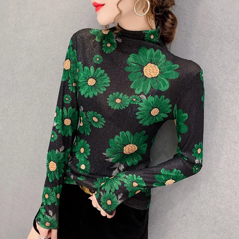 

Fall Winter European Clothes T-Shirt Vintage Flower Women Tops Long Sleeve Print Shiny Bottoming Shirt Tees New