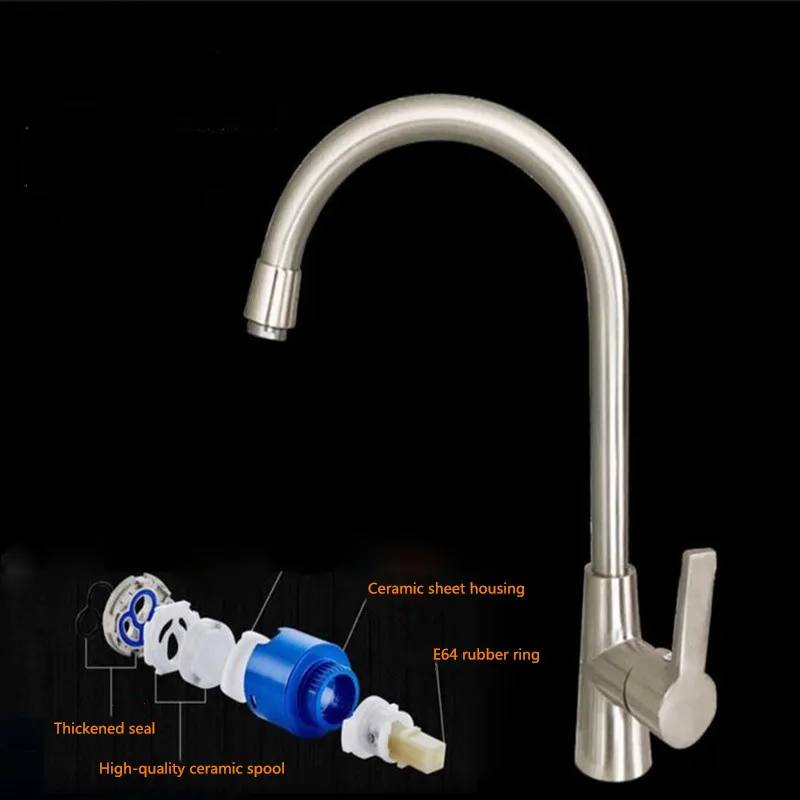 

Kitchen hot and cold faucet can rotate 304 stainless steel brushed single hole