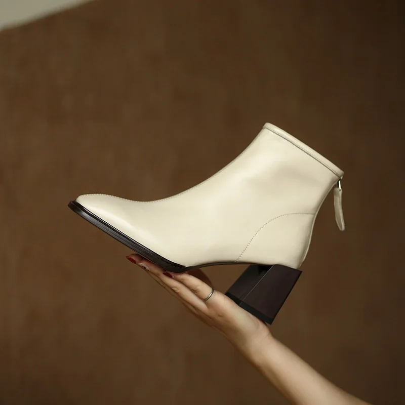 

LIBIELIY Genuine Cow Leather Lady Boots Women's Square Toe Zipper Ankle Boots Nice New British Style Thick Heel Single Boots
