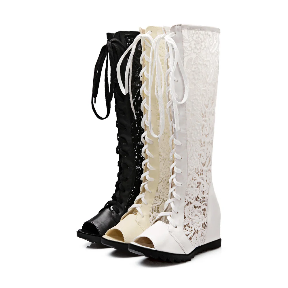 Женские летние сапоги до колена на танкетке привлекательные сетчатые длинные