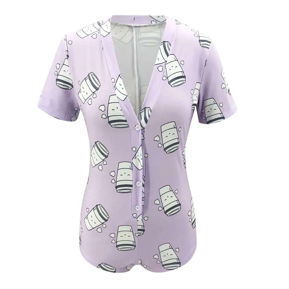 

Female Nightwear Floral Print V-Neck Short Sleeve Jumpsuit Bodysuit Pajamas for Girls( S/M/L/XL)