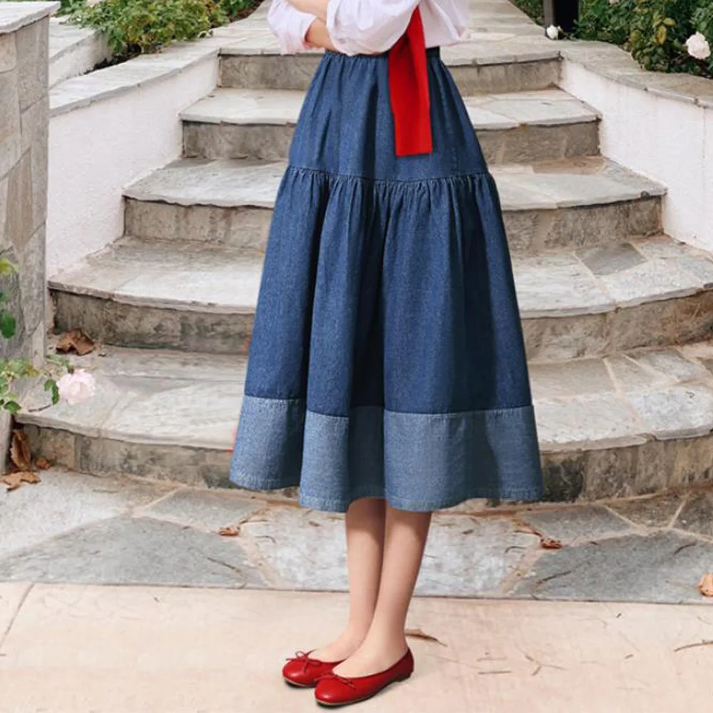 

Denim Pleated Skirts For Women Blue Jeans Midi Skirt High Waist A-Line Long Skirt Y2k Korean Vintage Costume