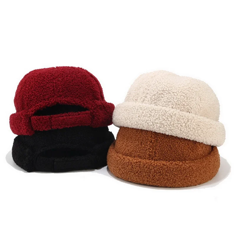 

Men Women Lamb Cashmere Landlord Hat Female Autumn And Winter Eavesless Melon Leather Hat Rogue Hat Student Couple Sailor
