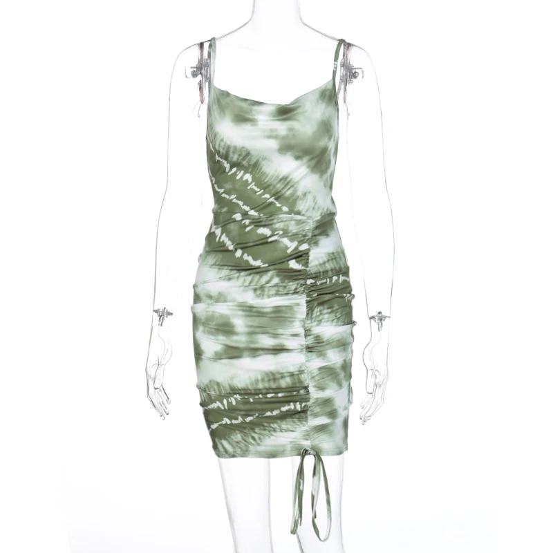 

2021 sleeveless ruched bandage tie dye print sexy mini dress summer women fashion streetwear outfits sundress
