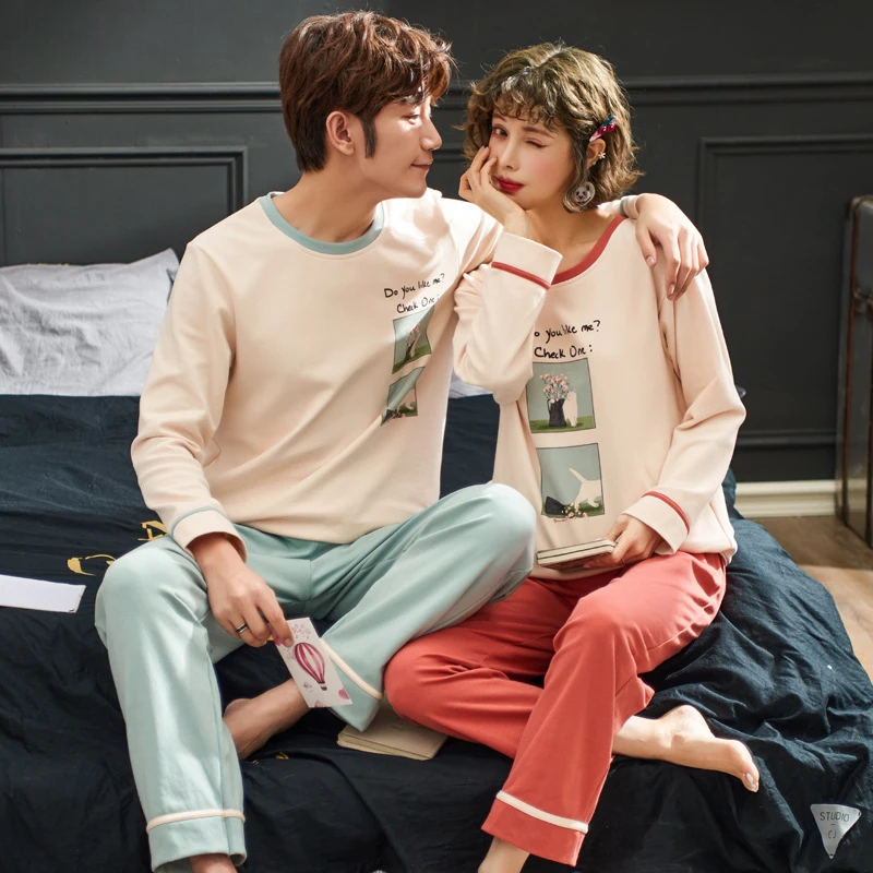 Пижама для влюбленных мужчин Хлопковая пижама с длинным рукавом пары женщин