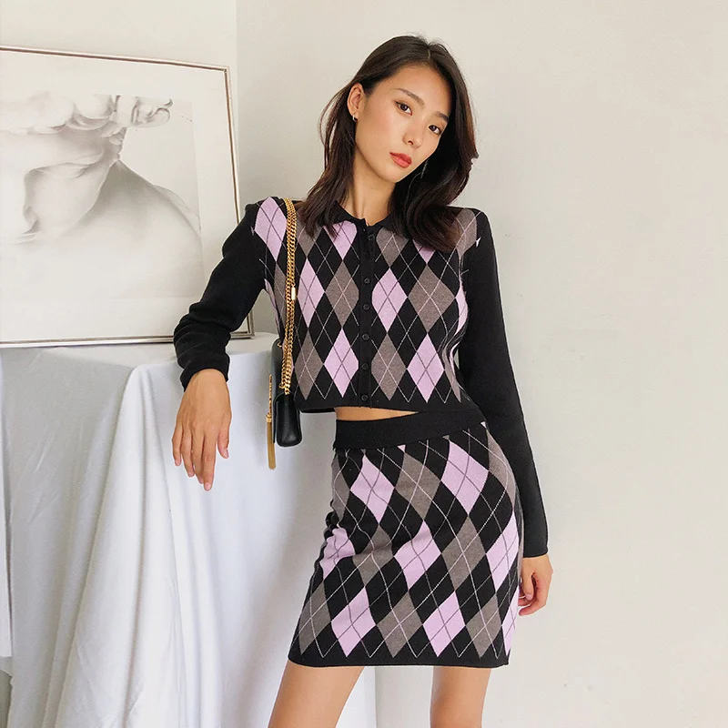 

WOMENGAGA Autumn Long Sleeve Sheath Two-piece Set Plaid Knitted Cardigan +Hip Wrap Mini Skirt Women Fashion Suits Sexy Girl A01F