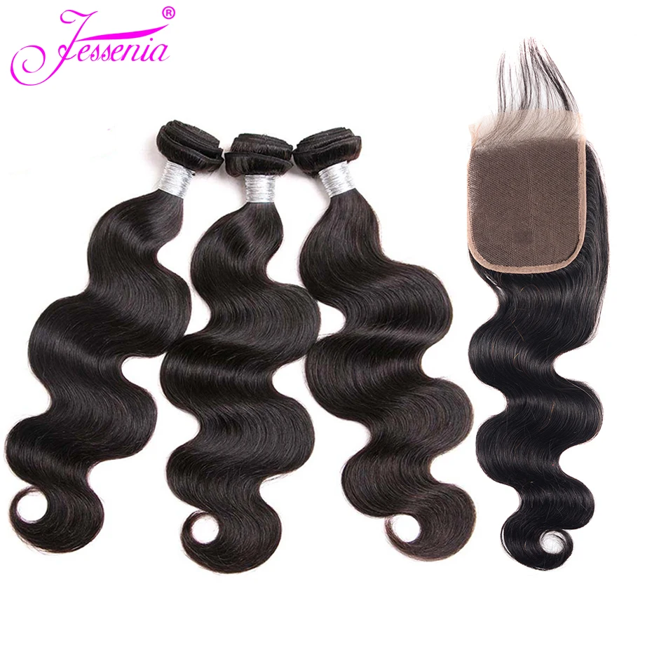 Перуанская волна тела 3 пучка с закрытием Remy человеческие волосы пучки 4 шт