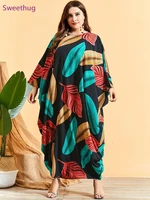 2021 oversize woman dress colorful leaf print batwing sleeve maxi long dresses for women black loose muslim abaya robe