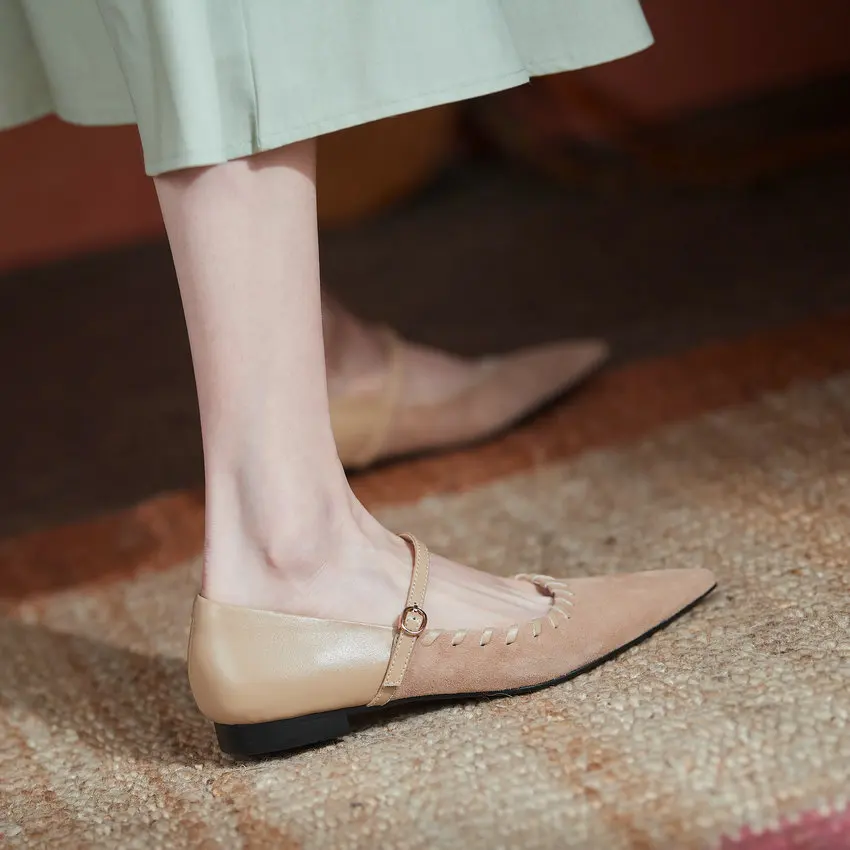 

QUTAA 2021 Patchwork Kid Suede Genuine Leather Basic Female Shoes Spring Spring Pointed Toe Buckle Women Flat Heels Size 34-40