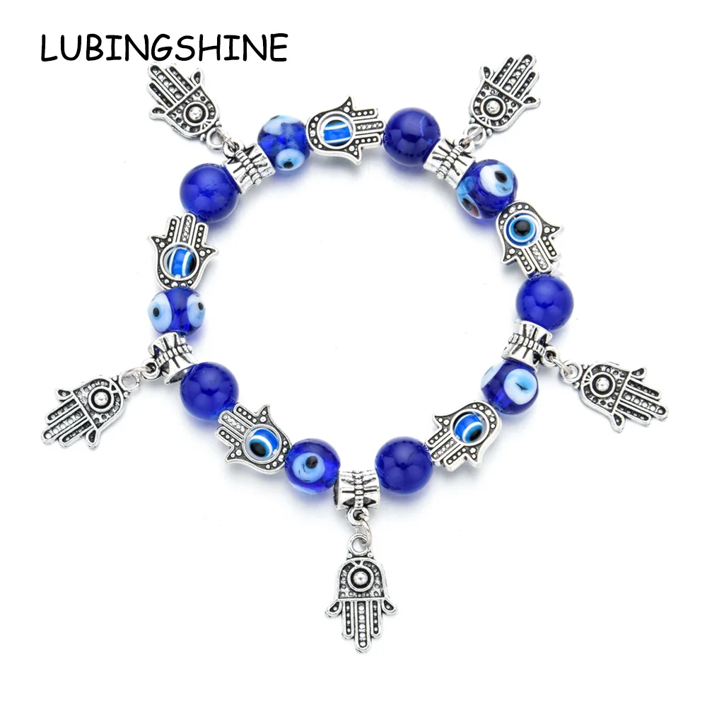 

2pcs Couples Blue Turkish Evil Eye Elastic Bracelet Charms Crystal Fatima Hand Beaded Bracelets for Women Men Yoga Jewelry Gift