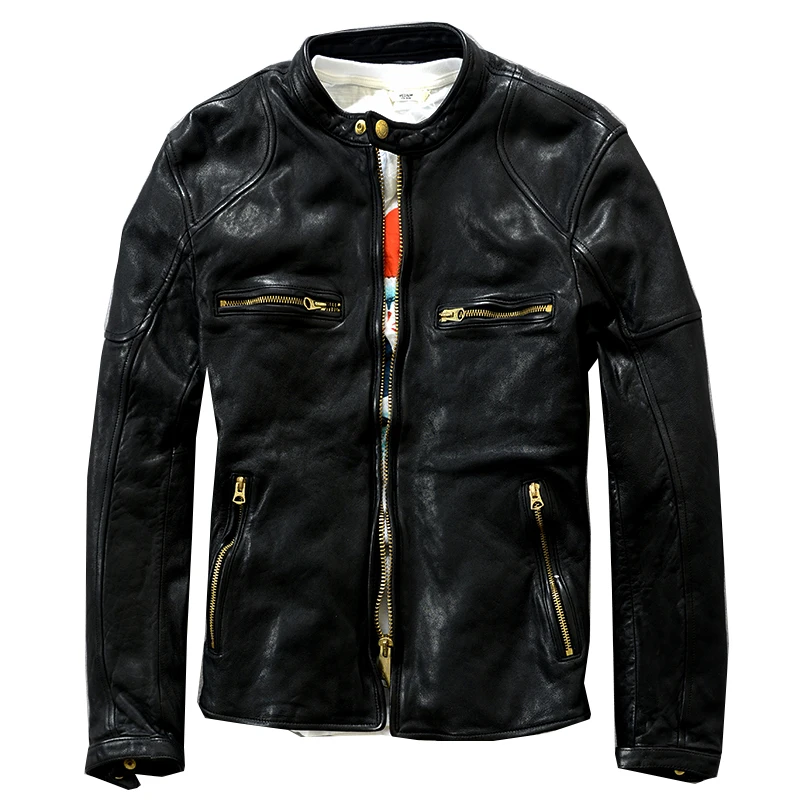 

New Thickening Vegetable Tanned Sheep Jacket Slim Stand Collar Short Men's Motorcycle Leather Coat