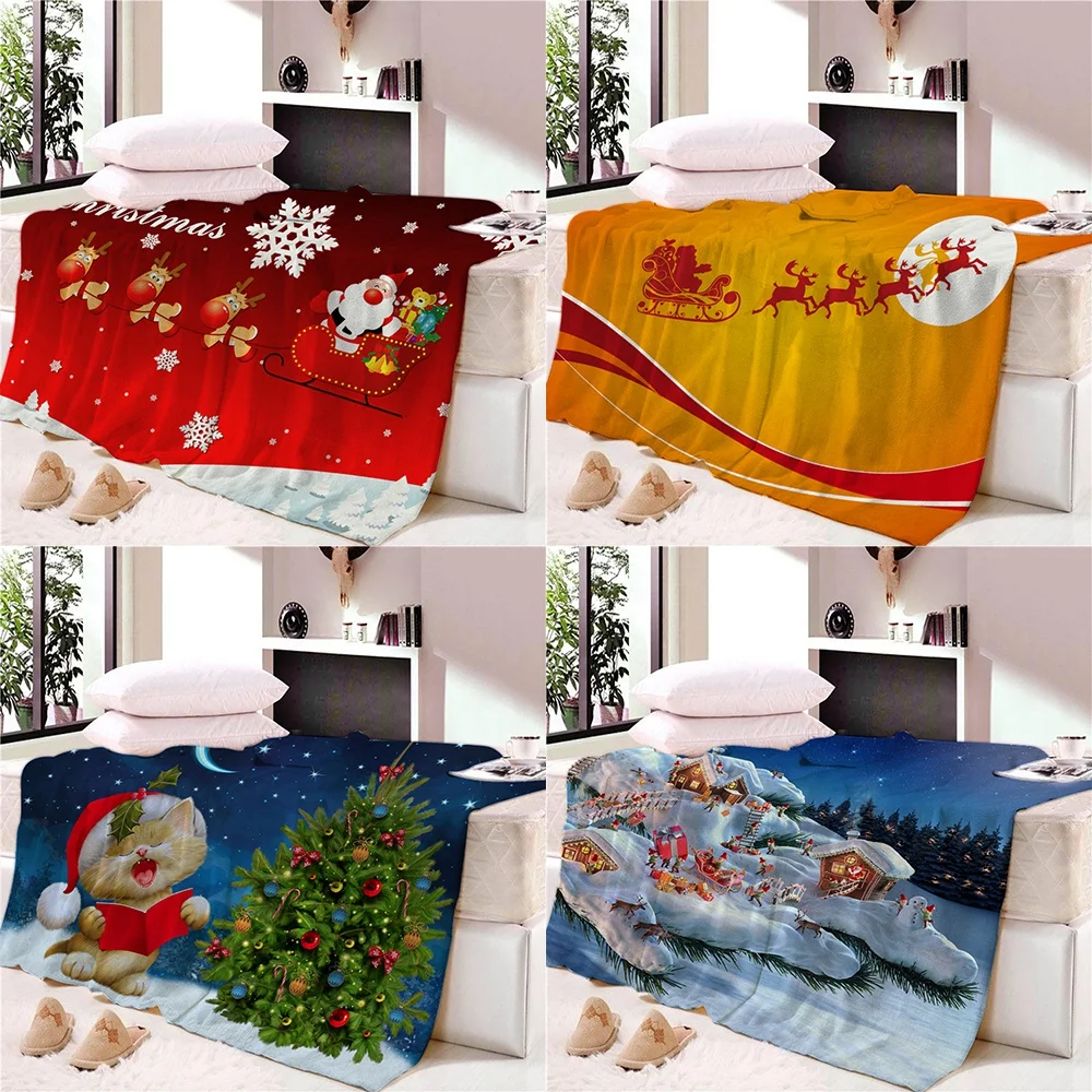 

Christmas Cartoon Blanket Santa Claus Christmas Tree Elk Print Soft Warm Flannel Blanket Sofa Bed Throw Blanket Home Decoration