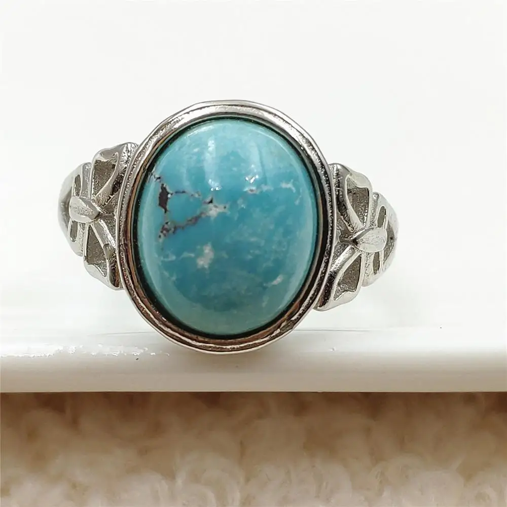 

Genuine Natural Green Turquoise Adjustable Ring Gemstone 12x10mm 925 Sterling Silver Turquoise Bead Ring AAAAA