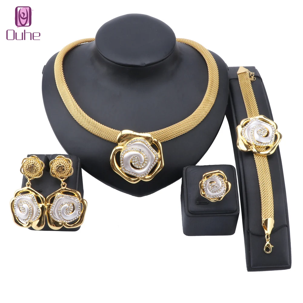 

Nigerian Wedding Bridal Gold Color Rose Flower Crystal Jewelry Set Dubai Necklace Bracelet Earrings Ring Party Jewelry Sets