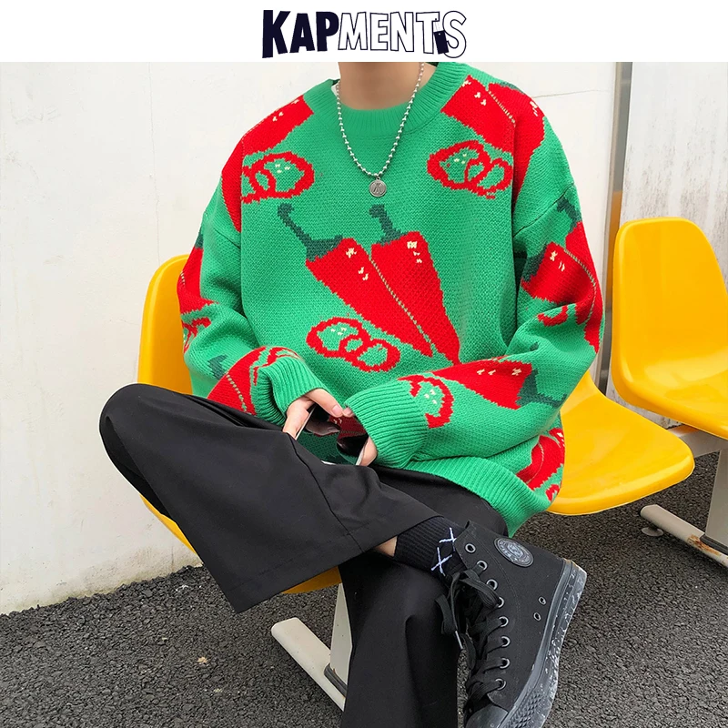 KAPMENTS Men Harajuku Chili Winter Knitted Sweater 2020 Korean Fashions Mens Hip Hop Wool Sweaters Male Vintage Pullover | Мужская