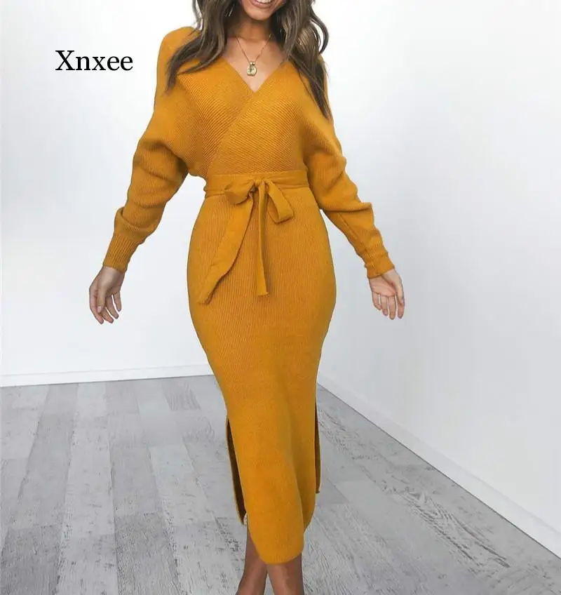

Women Elegant Deep V Neck Long Sleeve Midi Knitted Dress Autumn Winter Side Split Bandage Wrap Hip Slim Dress Sexy Tunic Vestido