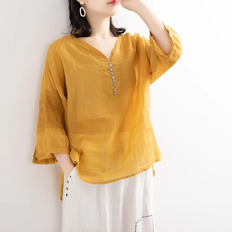 

100% Cotton Shirt Women Summer Loose Casual Tops New 2020 Korean Style Vintage V-neck Embroidery Woman Blouses Shirts P1169