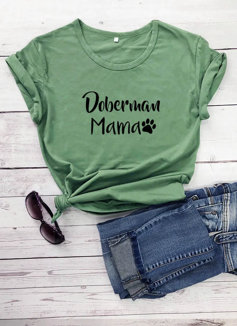 olive-black text Doberman Mama с принтом лапы, Новое поступление, Женская забавная Повседневная футболка из хлопка, футболка для мамы и собаки, футболки для любимого питомца, подарок для любимой собаки - Цвет: olive-black text